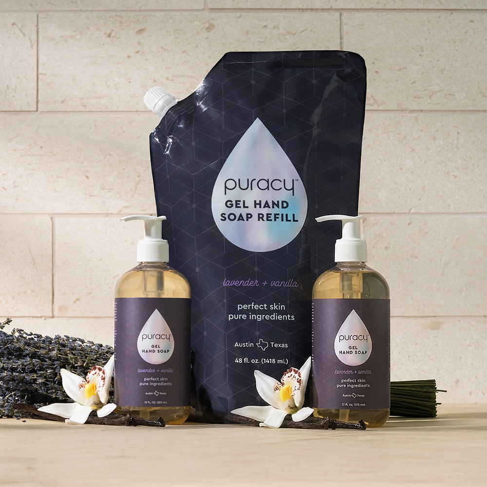 Gel Hand Soap with moisturizing, plant-based ingredients on a wooden surface.