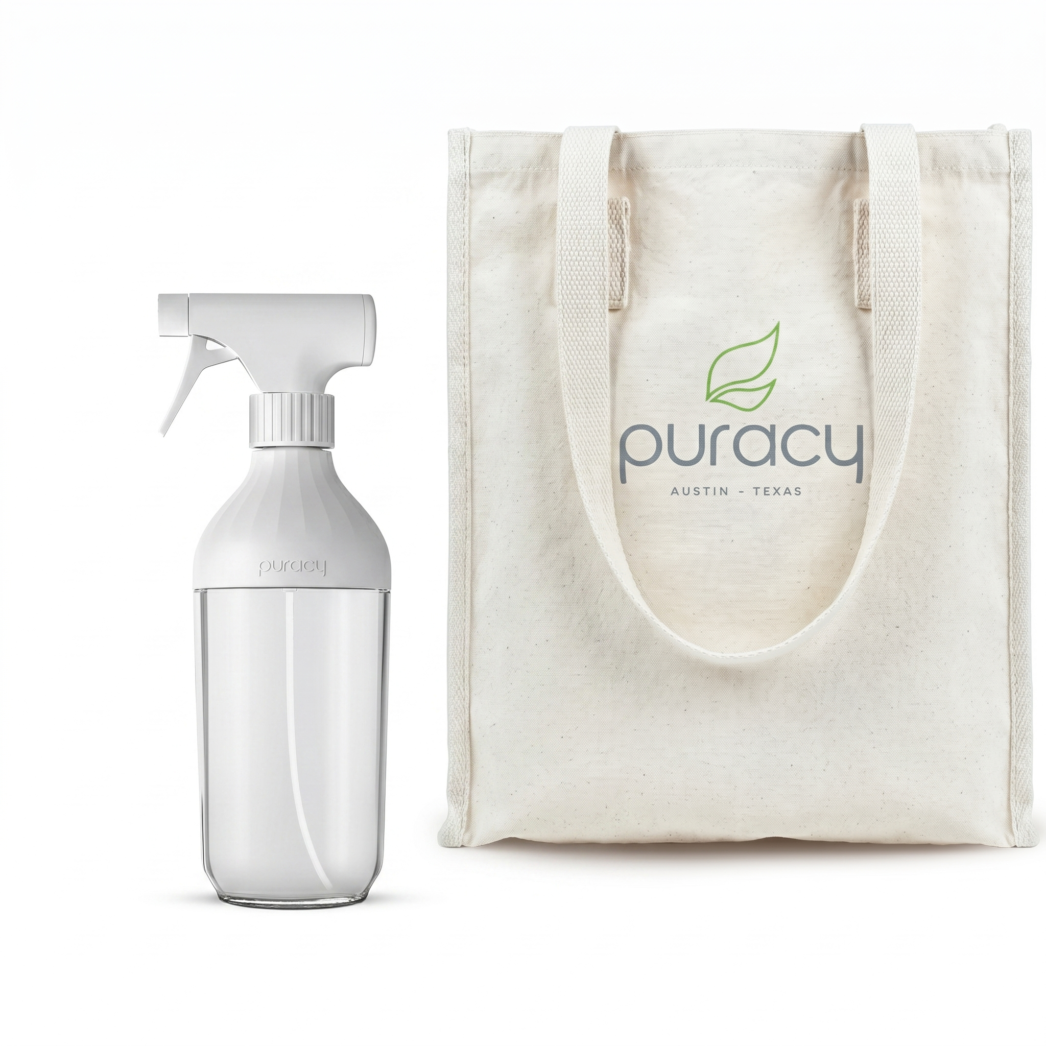 Sprayer + Tote Bag: White spray bottle and cream tote with Puracy logo and Austin, Texas text.