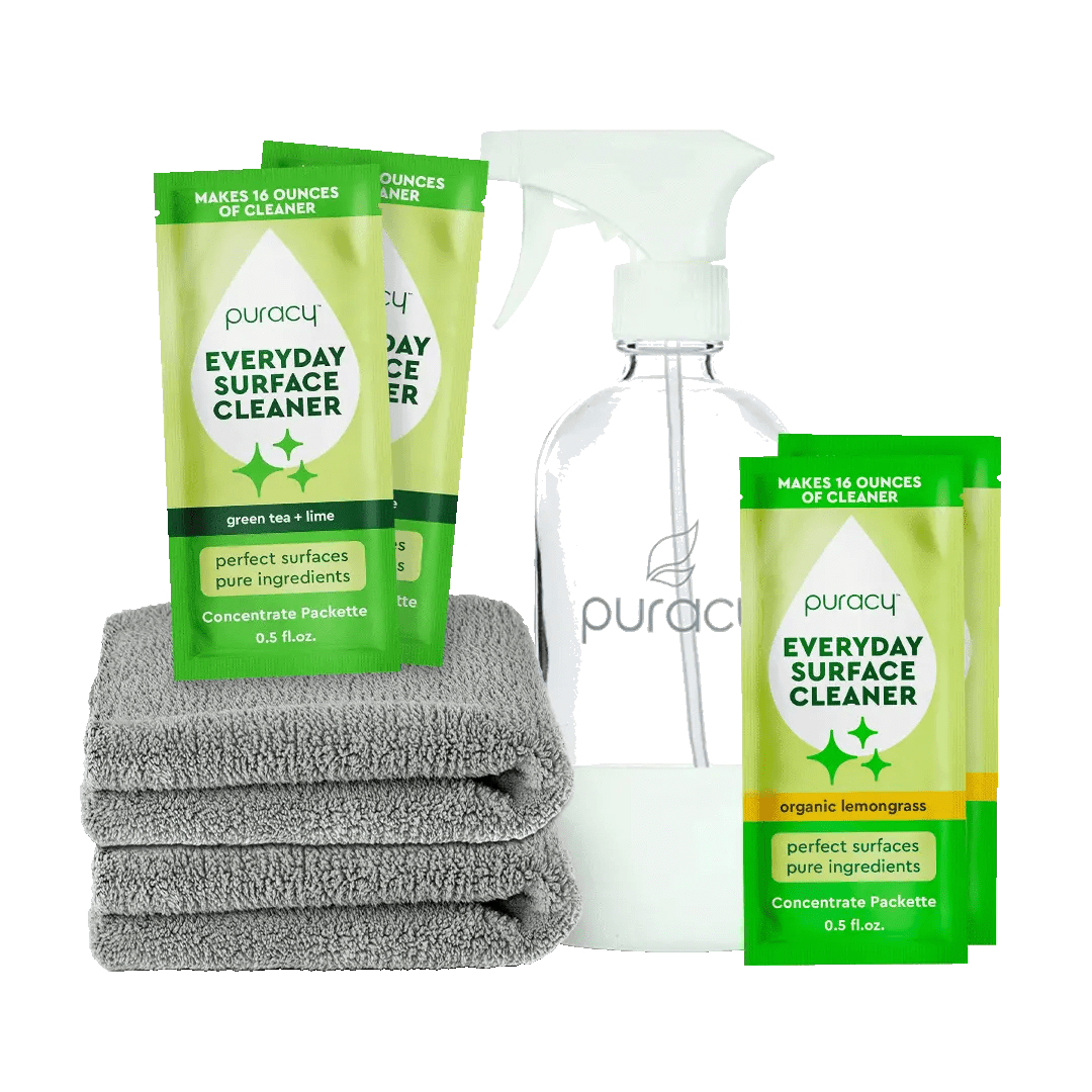 Glass bottle, concentrated cleaning packettes and microfiber towels
