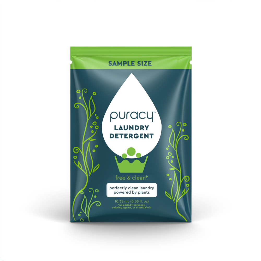 Try the Laundry Detergent Satchets Sample, featuring Puracy's Free & Clean formula and green design.