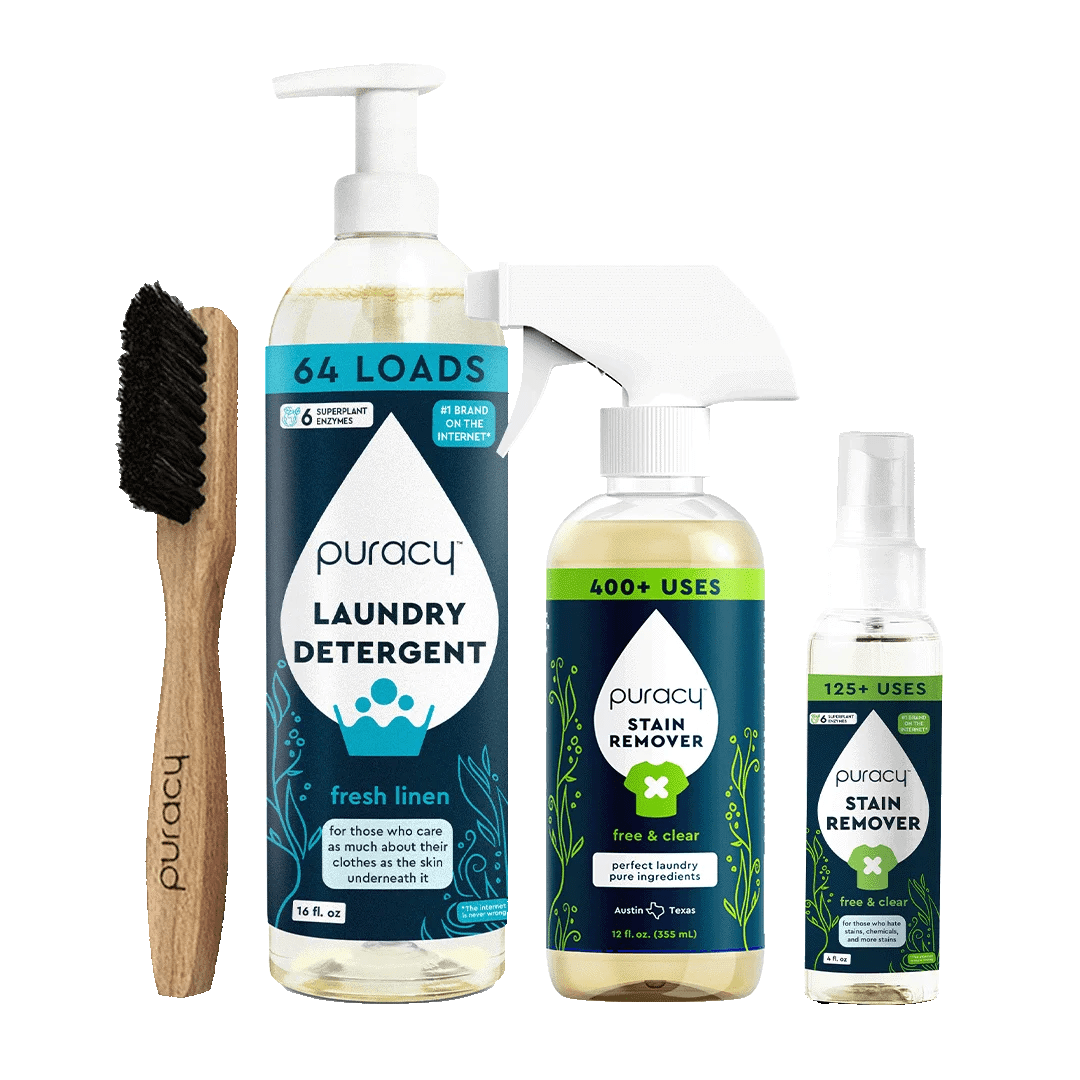 The Laundry Essentials Bundle delivers an exceptional laundry experience with its detergent, stain removers, and an effective brush featuring black bristles designed to tackle tough stains.