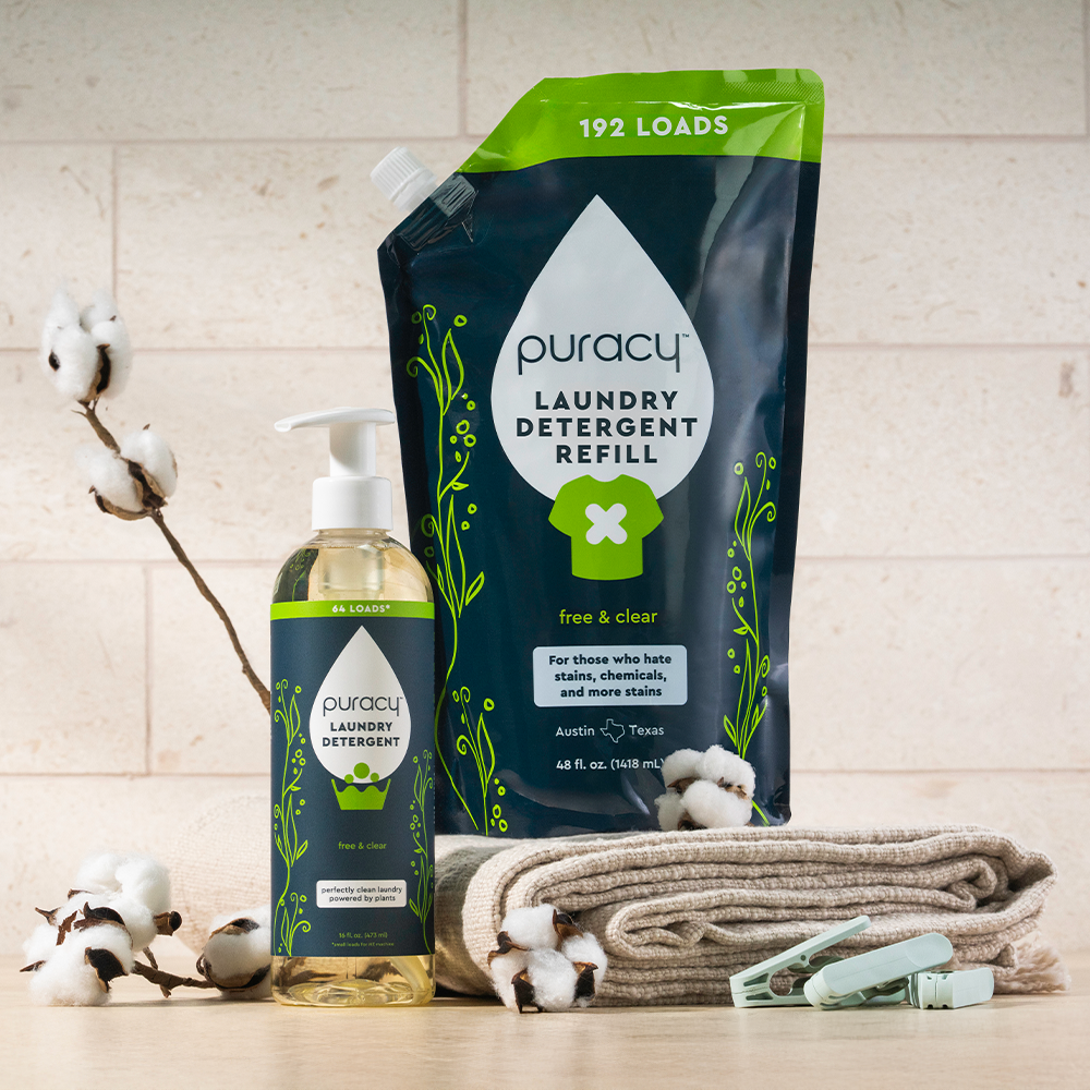 Laundry Detergent (Concentrated, Sulfate-Free) for sensitive skin with towels and clothespins.