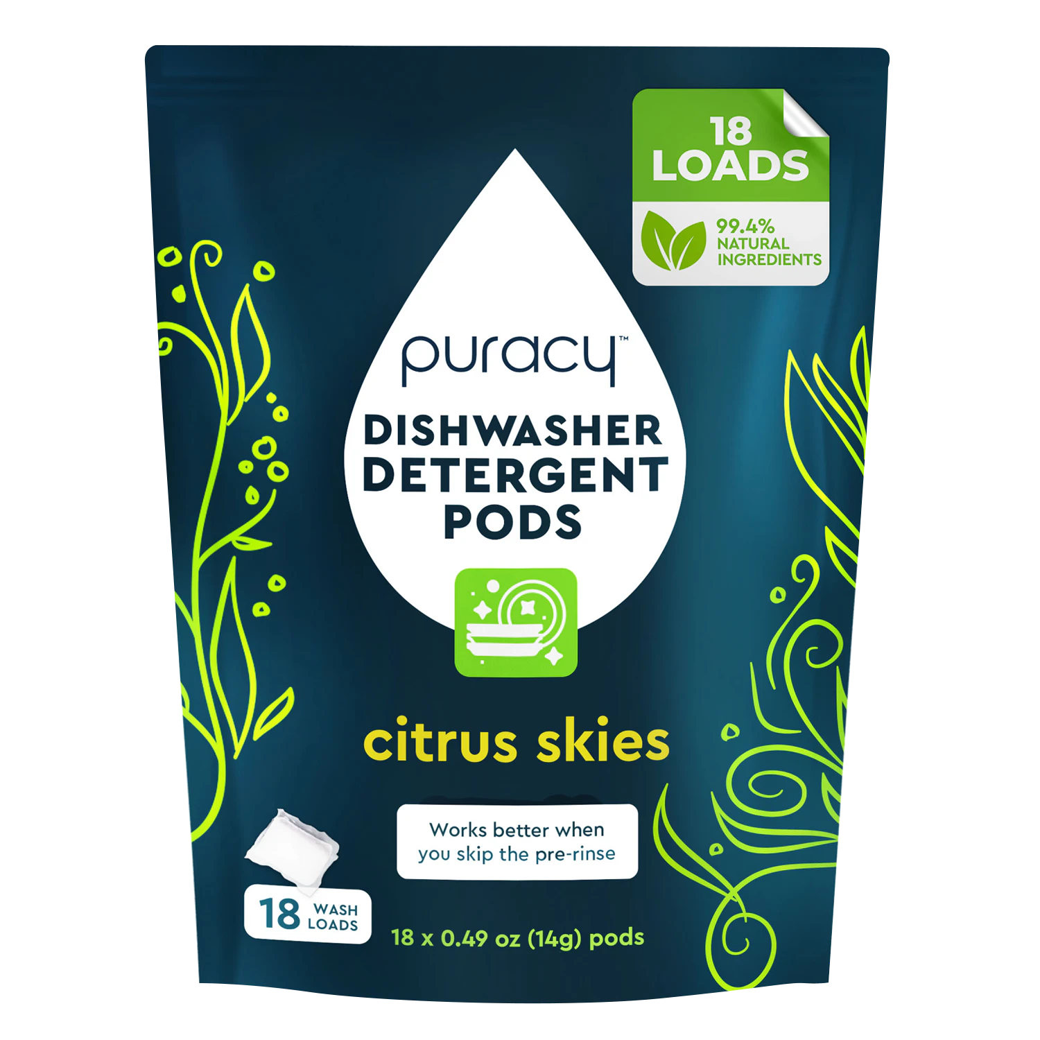 Puracy Dishwasher Detergent Pods, Citrus Skies scent, 18 loads, with green leaf design.