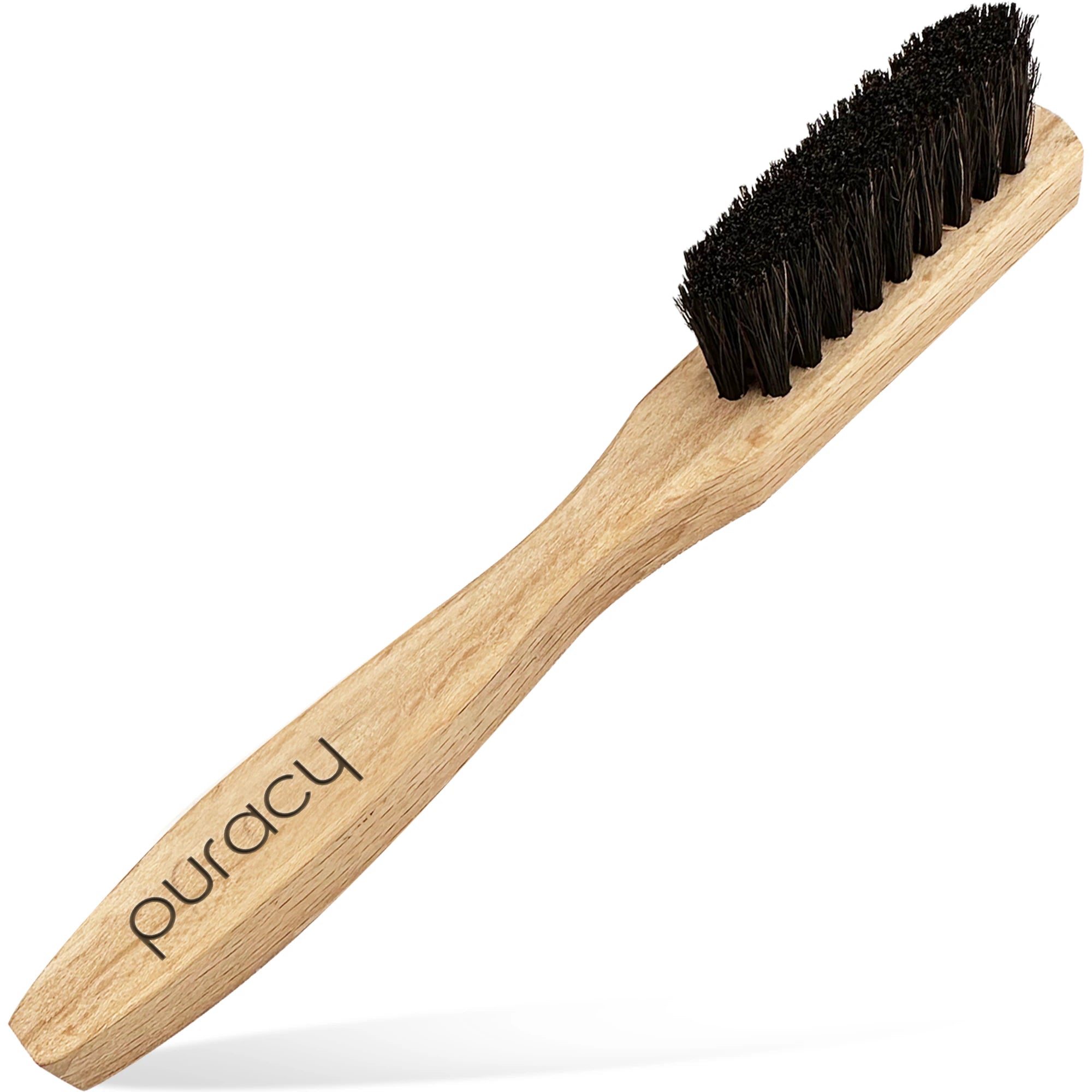 Wooden brush with black bristles on a white background, branded 'Puracy'.