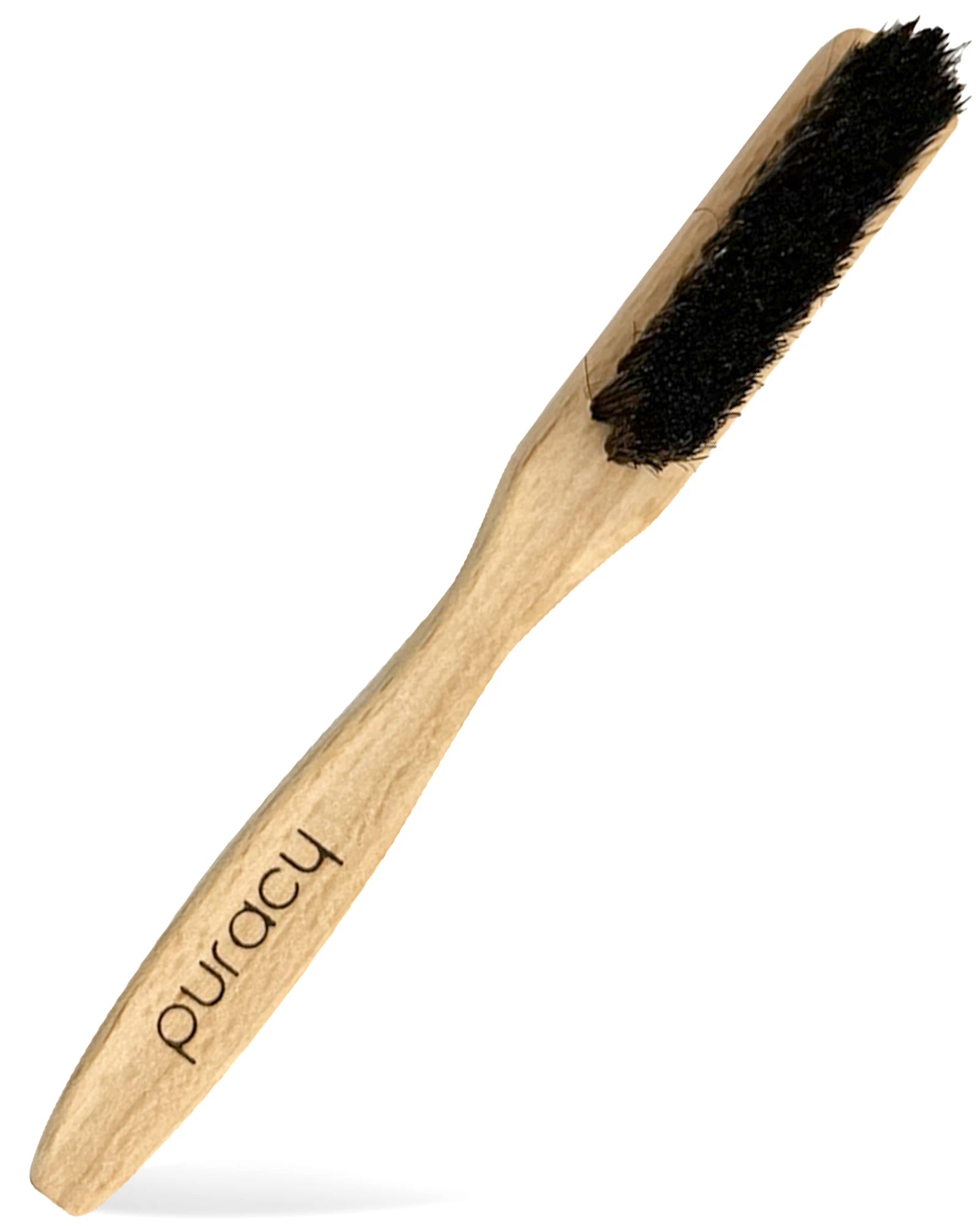 Wooden brush with black bristles on a white background, branded 'Puracy'.