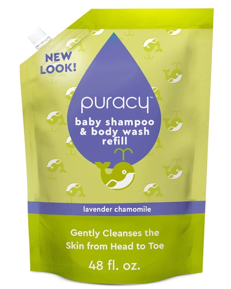 Baby Shampoo & Body Wash (Tear-Free) refill pouch features a charming whale design, 48 fl. oz., and is enriched with plant-derived ingredients, making it perfect for sensitive skin.