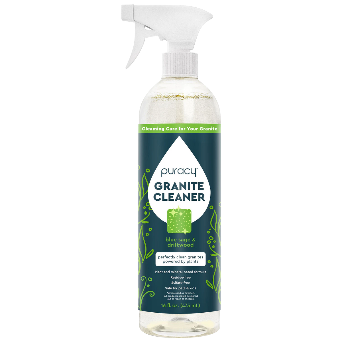 16 fl oz spray bottle of Granite Cleaner by Puracy, featuring a blue sage and driftwood scent.