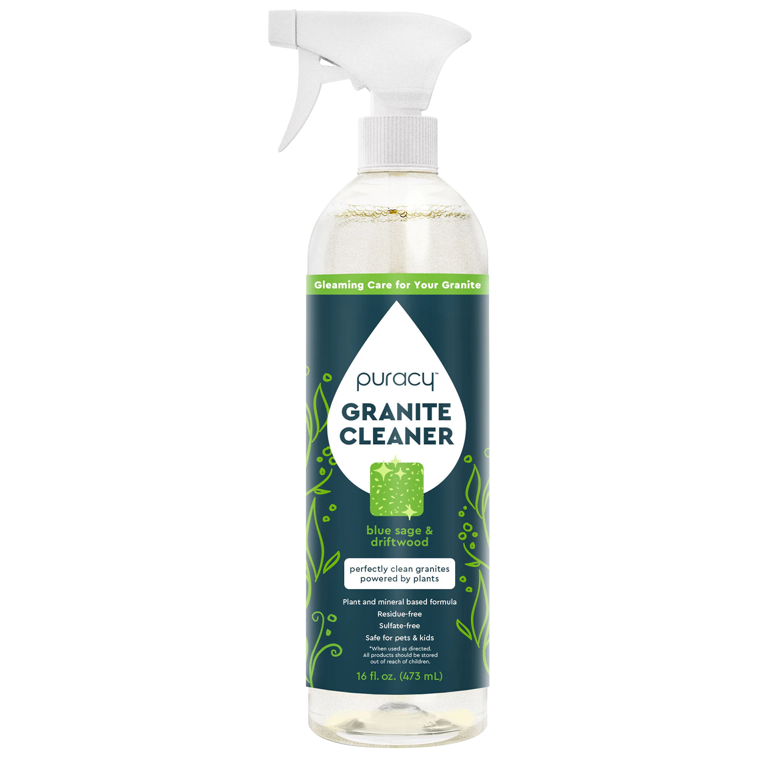 16 fl oz spray bottle of Granite Cleaner by Puracy, featuring a blue sage and driftwood scent.