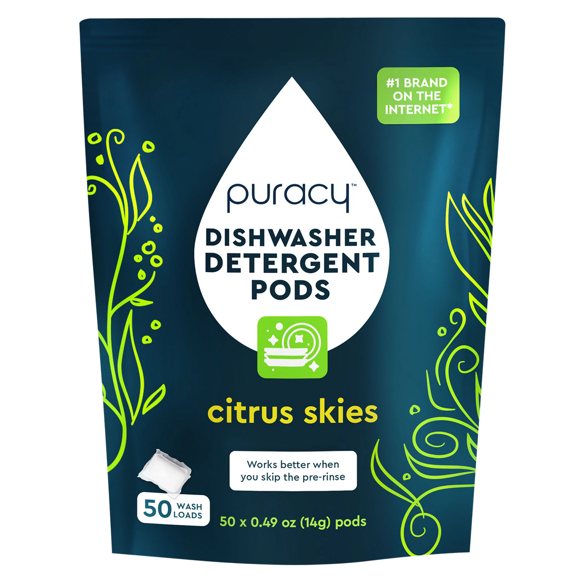 Trial: Dark blue Citrus Skies dishwasher pods, 50 loads, with lime green floral accents.