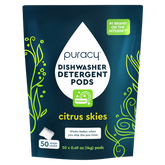 Blue and green packaging of Puracy Citrus Skies Dishwasher Detergent Pods, 50 wash loads.