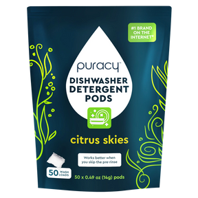 Blue and green packaging of Puracy Citrus Skies Dishwasher Detergent Pods, 50 wash loads.