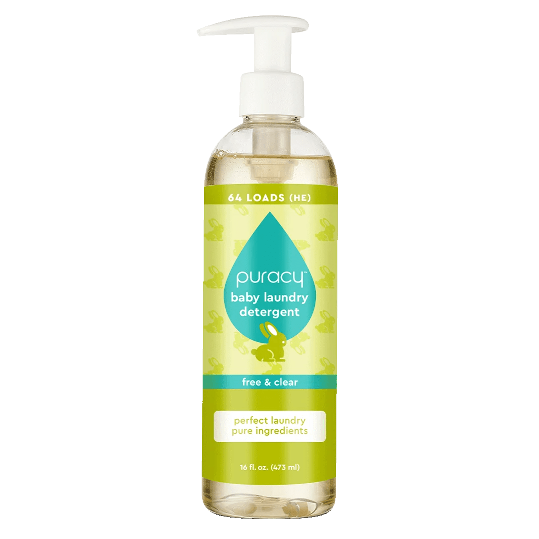 A bottle of Puracy Baby Laundry Detergent, hypoallergenic and labeled as free & clear, comes with a pump dispenser and contains gentle plant-based enzymes.