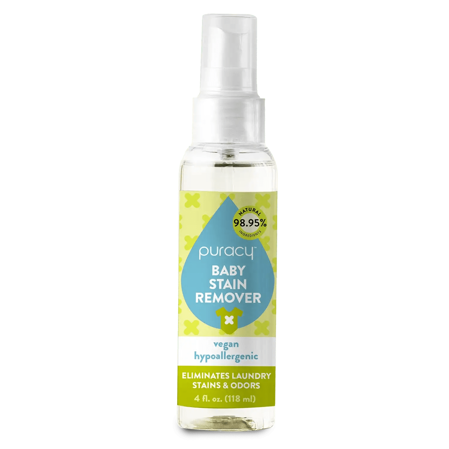 The Baby Stain Remover is packaged in a spray bottle with a green and blue label. This eco-friendly cleaner is hypoallergenic and uses plant-based enzymes to effectively handle tough stains, ensuring your baby's clothes remain safe and clean.