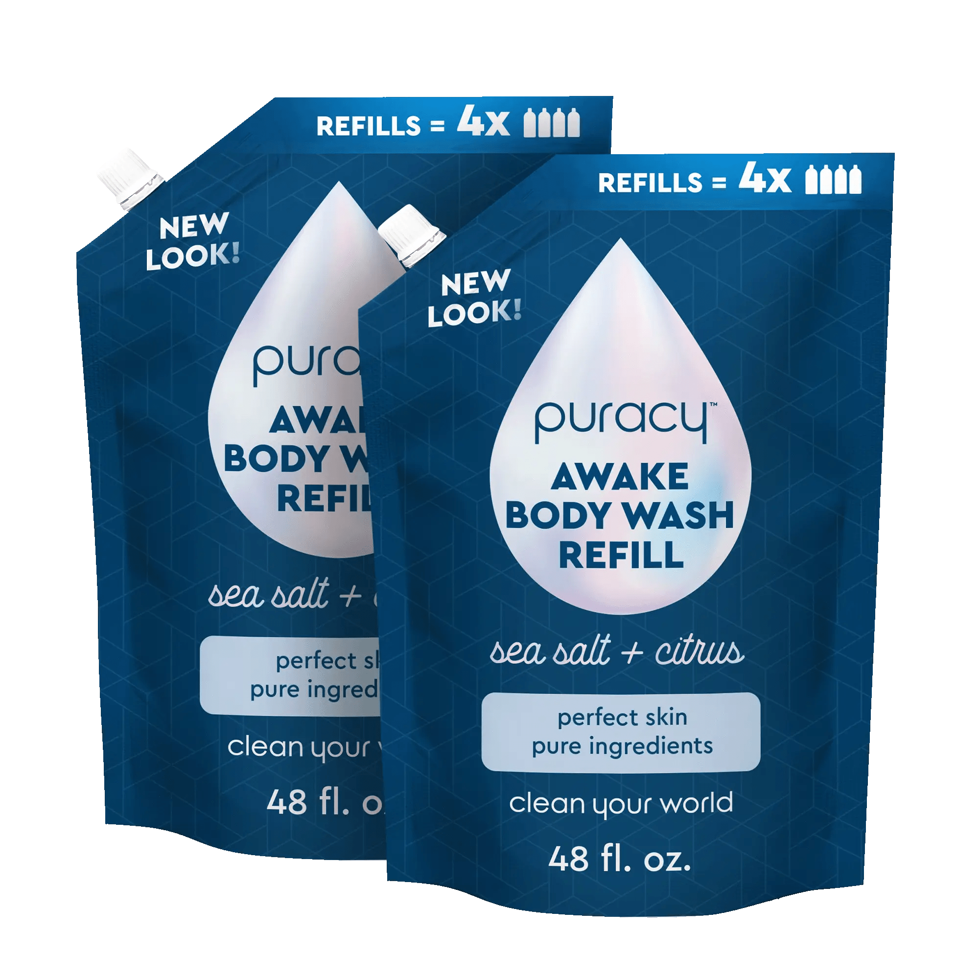 Two eco-friendly pouches of Refillable Natural Body Wash, sea salt & citrus, 48 fl oz each.