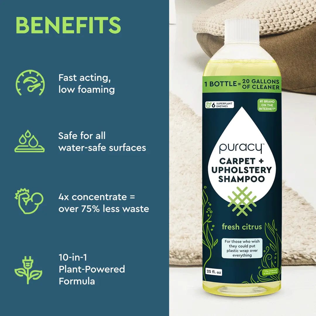 Carpet & Upholstery Shampoo with a 4x concentrated, plant-powered formula by Puracy.