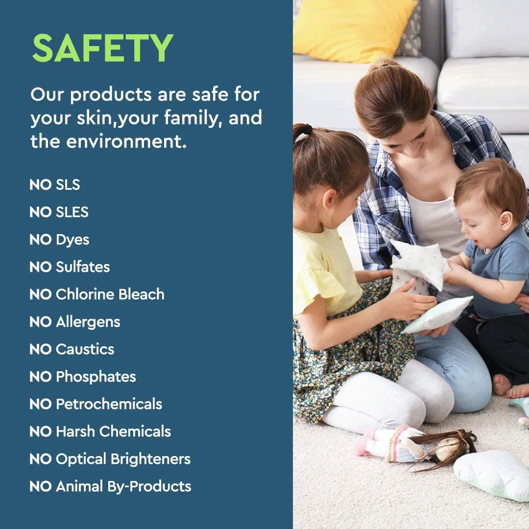 Mother and two children play on the floor; Carpet & Upholstery Shampoo with 4x concentrated formula is featured.