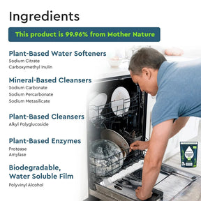 A man loads the dishwasher as an overlay highlights enzyme-powered, eco-friendly Natural Dishwasher Detergent Pods (50 Count), labeled 99.96% from Mother Nature—ideal even for hard water conditions.