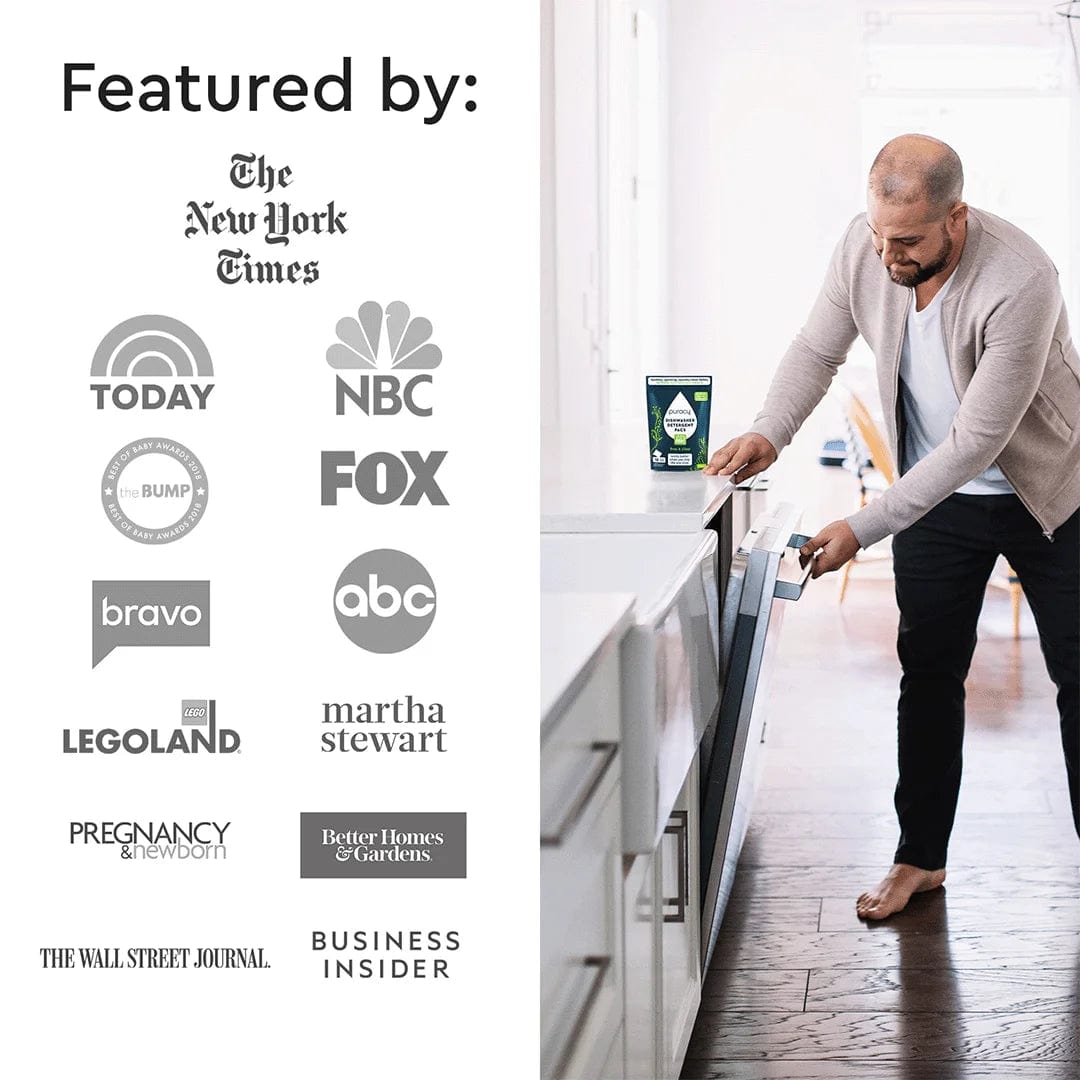 Man using Trial: Dishwasher Detergent Pods in dishwasher; biodegradable formula; media logos on the left.