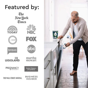 A man unloading a dishwasher is shown, with featured media outlet logos on the left. The Natural Dishwasher Detergent Pods (50 Count) use enzymes to deliver spotless results, even in hard water conditions.