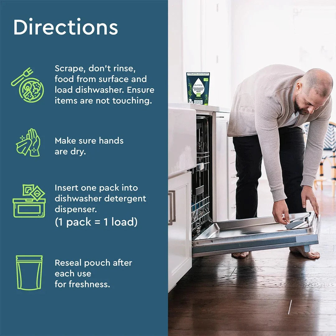 A man is loading his dishwasher and following the directions for using the Natural Dishwasher Detergent Pods (50 Count): scrape, dry hands, insert pod, and reseal pouch. These pods are perfect for tackling tough stains even in hard water conditions.