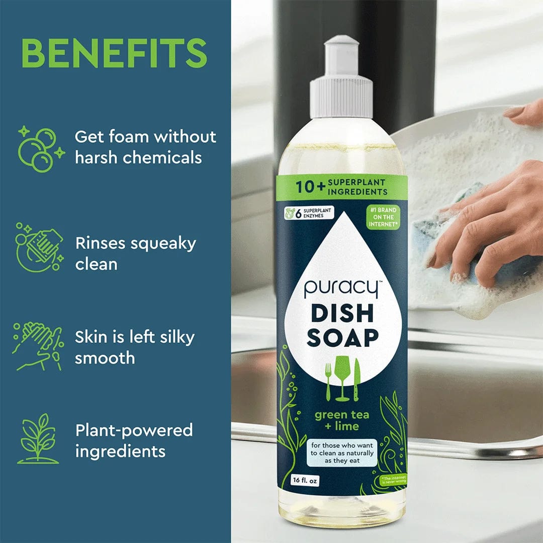 Puracy Dish Soap by the sink offers silky skin and eco-friendly, plant-based ingredients.