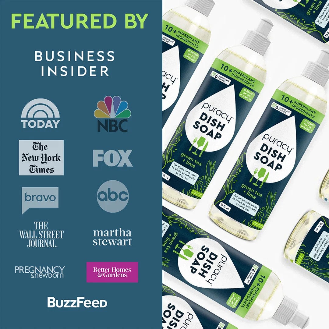 Puracys Dish Soap flaunts logos from NBC, ABC, and BuzzFeed using plant-derived enzymes.