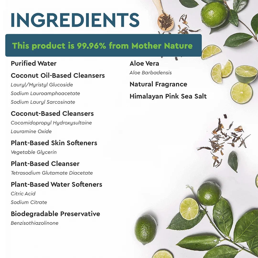 Natural Dish Soap with eco-friendly ingredients like limes and aloe vera.