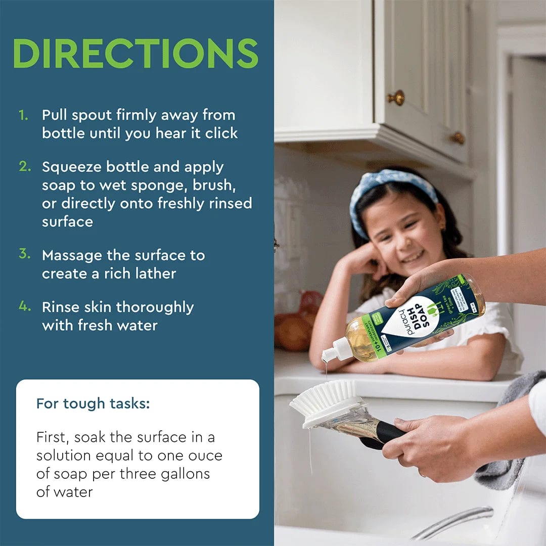 Girl watches adult clean sink with eco-friendly Dish Soap. Usage instructions provided.