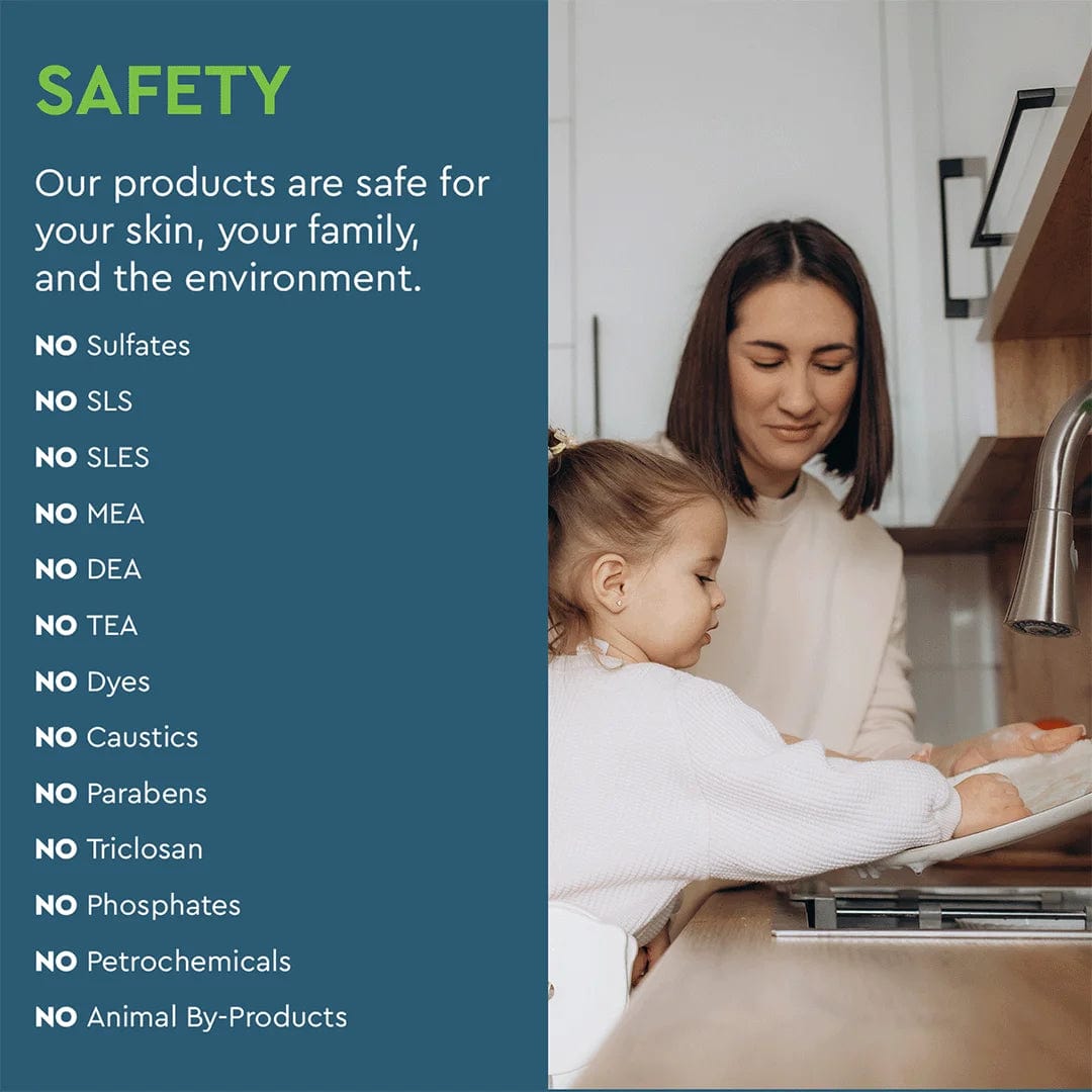 A woman and child at the sink use Dish Soap with eco-friendly, plant-derived enzymes for safe cleaning.
