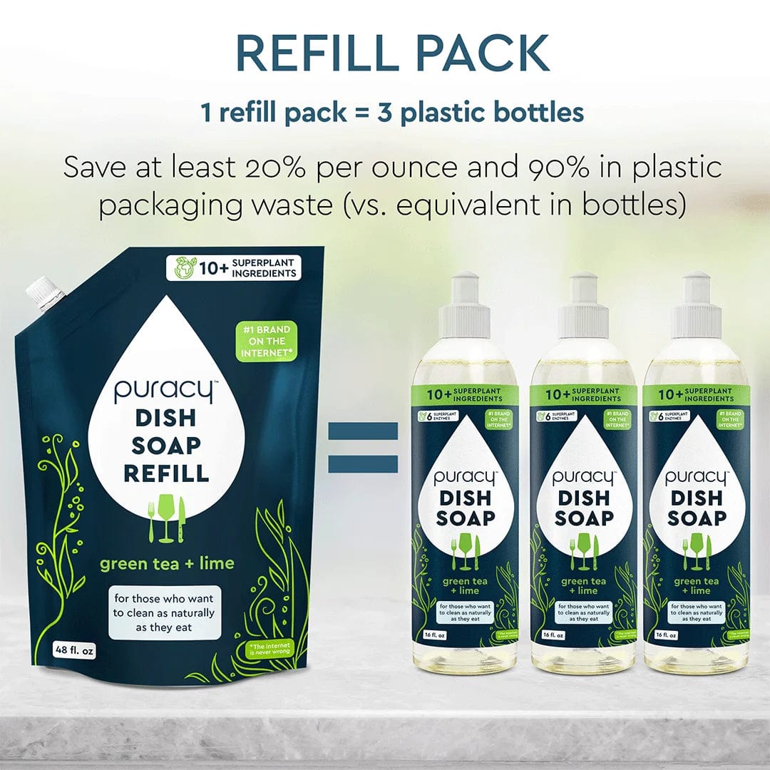 Puracy eco-friendly dish soap refill with enzymes in green tea & lime scent equals 3 bottles.
