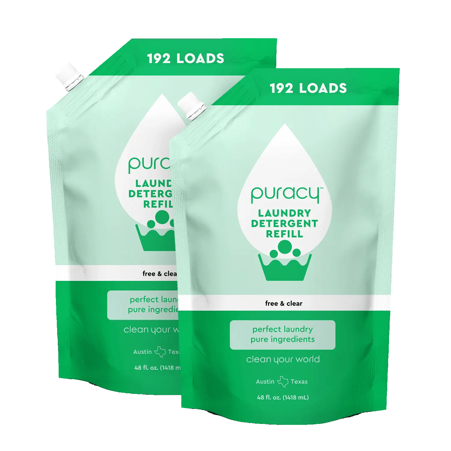 Two green refill pouches of Puracy Concentrated, Sulfate-Free Laundry Detergent, designed for 192 loads, provide a hypoallergenic and free & clear formula. These eco-friendly pouches offer a gentle yet powerful cleaning solution for your laundry needs.