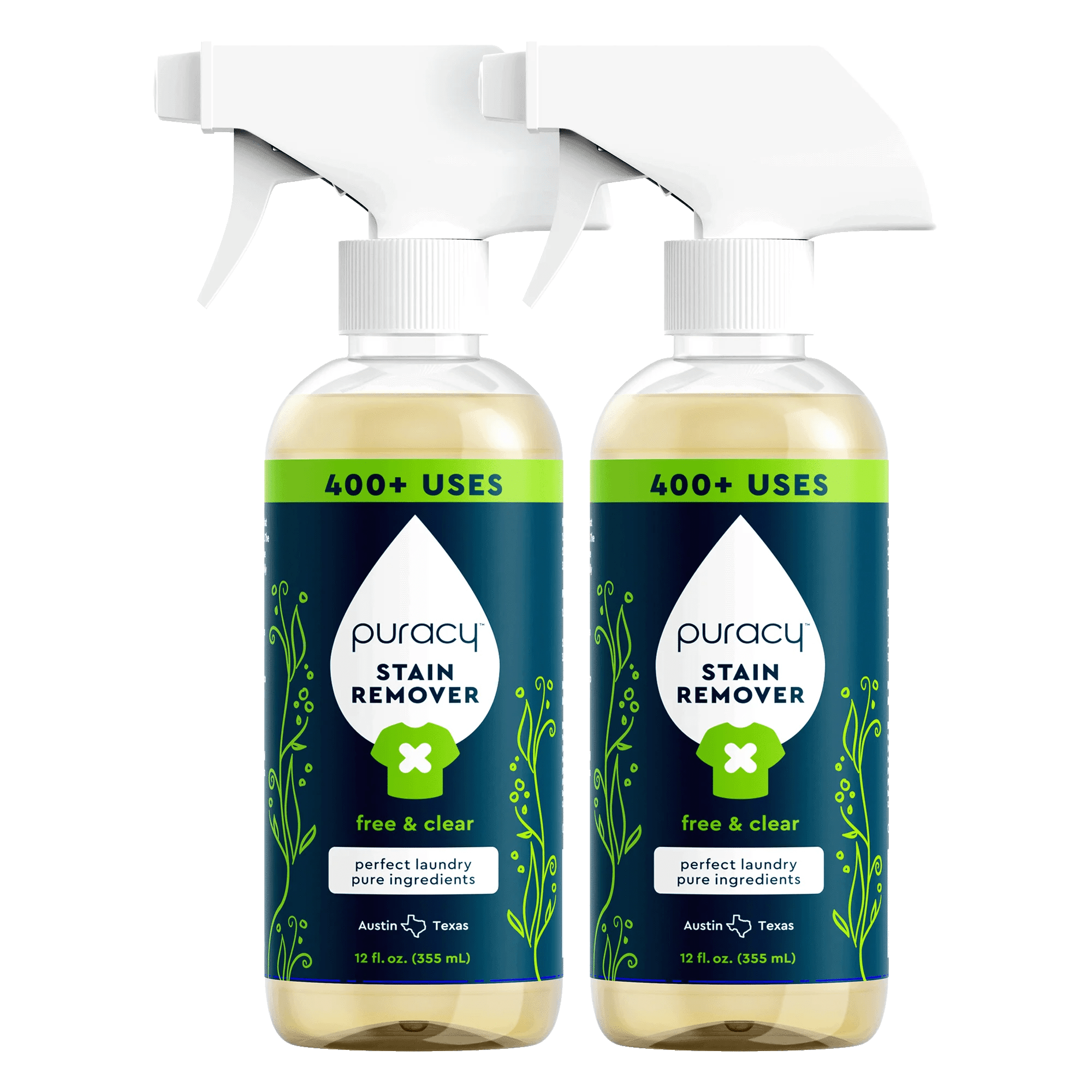 Two bottles of Puracy Plant-based Laundry Stain Remover spray, 400+ uses, for laundry stain removal.