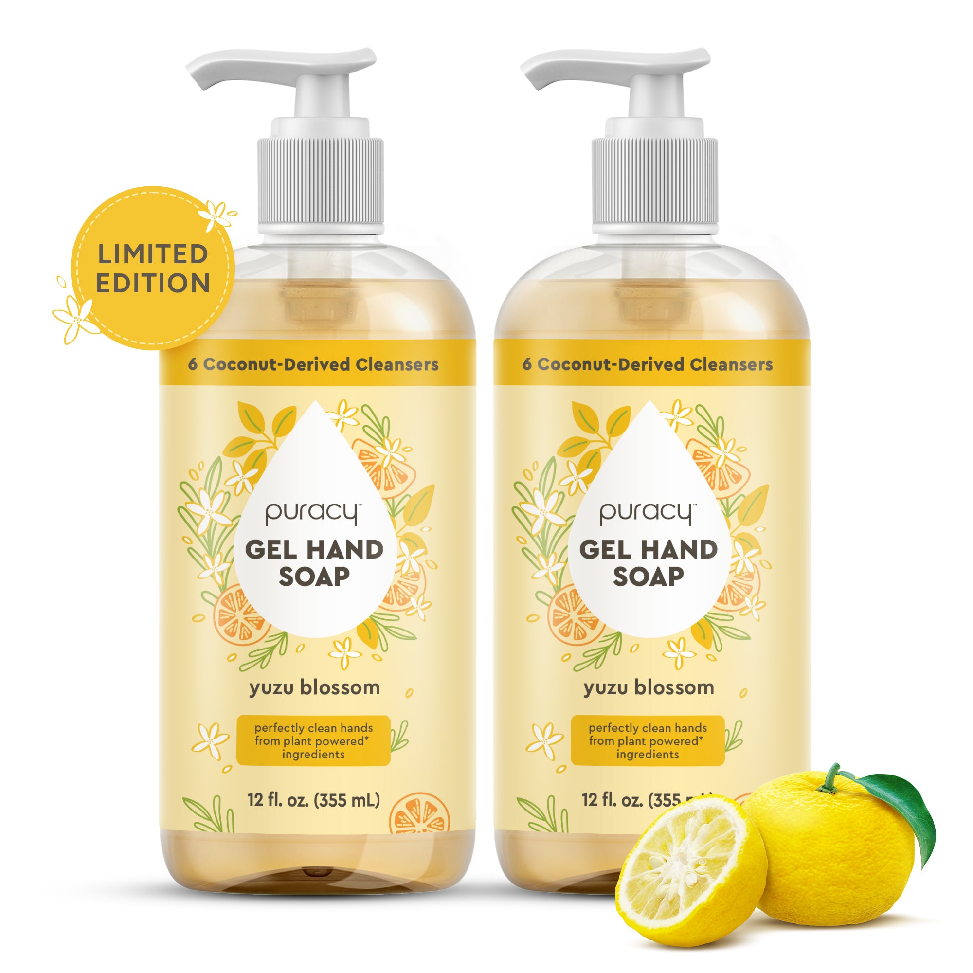 Two bottles of Gel Hand Soap, yuzu blossom scent, with plant-based ingredients.
