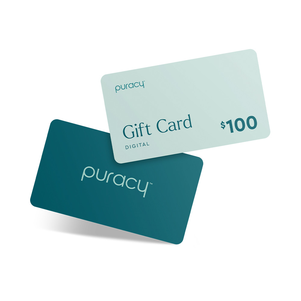 Two Gift Cards from Puracy, representing the purest gift for any occasion, with one featuring a $100 digital value.