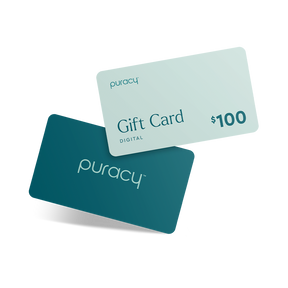 Two Gift Cards from Puracy, representing the purest gift for any occasion, with one featuring a $100 digital value.