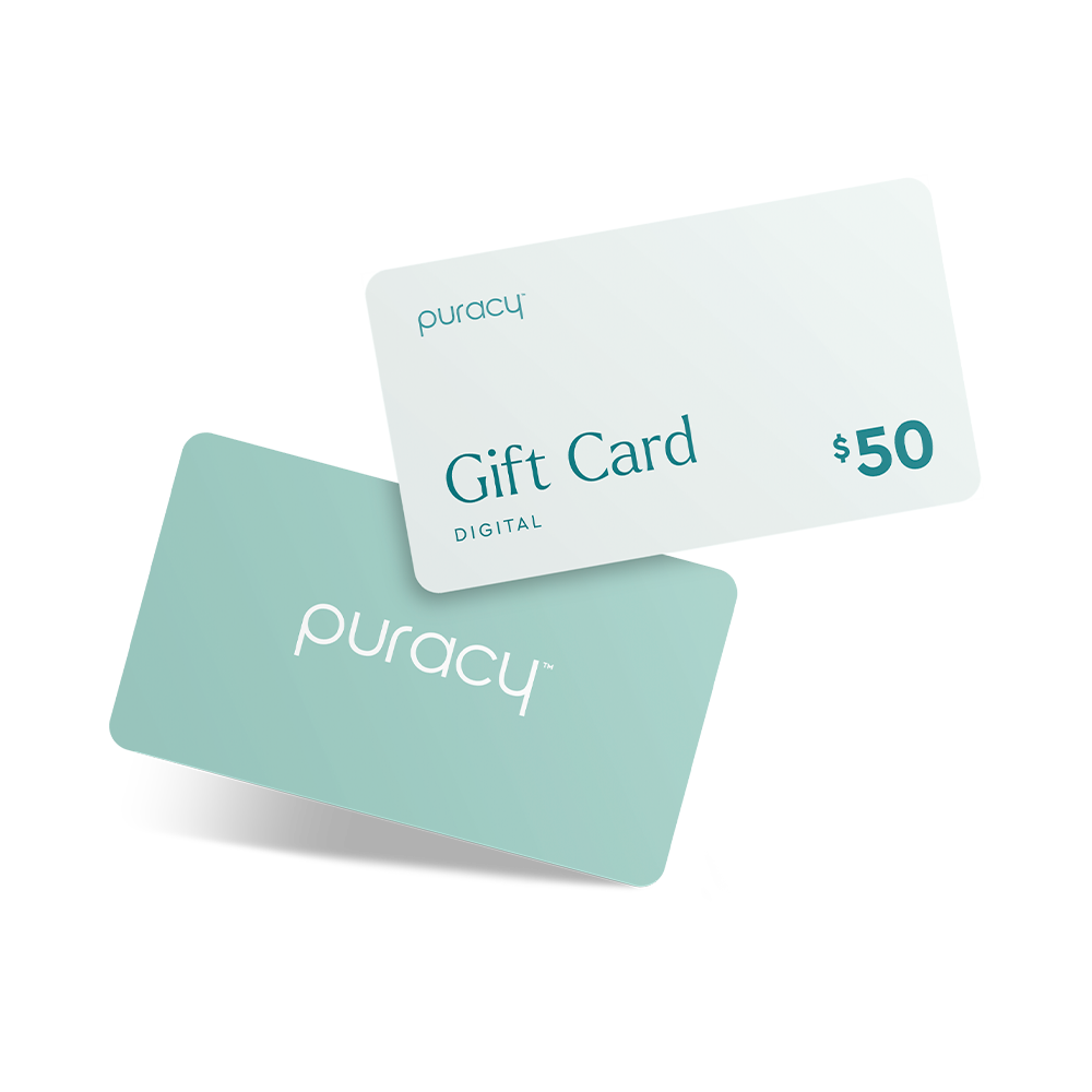 Two Puracy Gift Cards, one valued at $50 and another in a minimalist blue-green design, offer the perfect pure gift for any occasion.