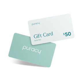 Two Puracy Gift Cards, one valued at $50 and another in a minimalist blue-green design, offer the perfect pure gift for any occasion.