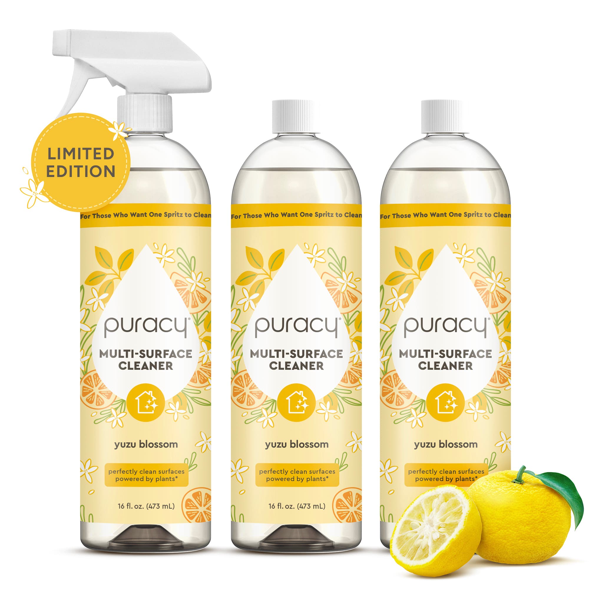 Three bottles of Multi-Surface Cleaner Spray, plant-powered yuzu blossom, Limited Edition label.
