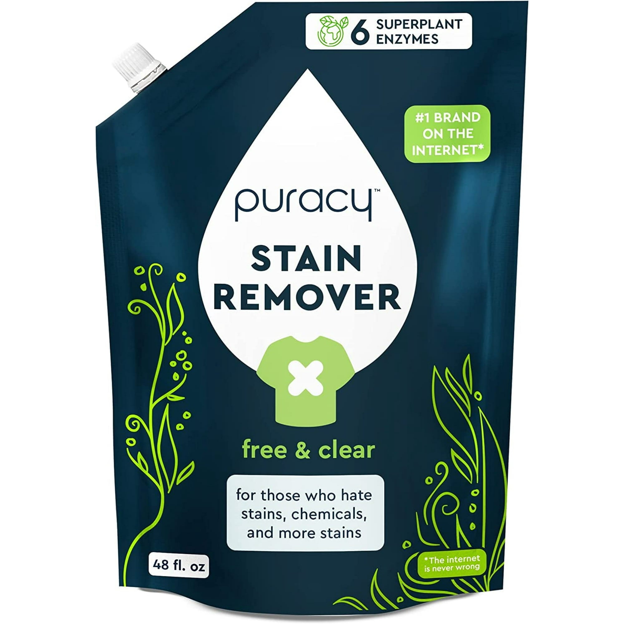 The Puracy Laundry Stain Remover Refill, Free & Clear, 48 fl. oz., is plant-based and hypoallergenic with powerful plant enzymes for effective cleaning.