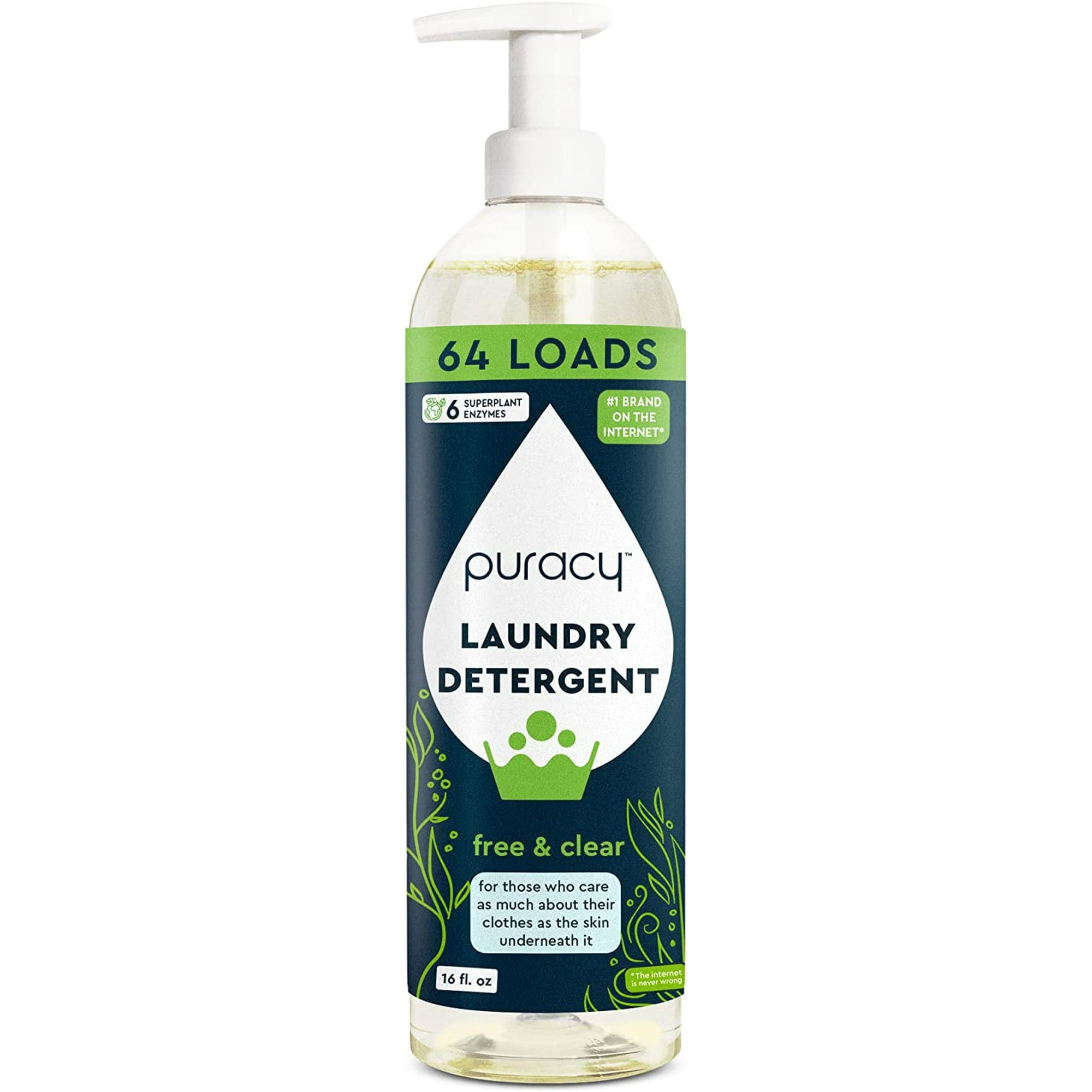 Puracy Natural Liquid Laundry Detergent with Stain Fighting Enzymes, featuring a 10x concentrated formula, is ideal for sensitive skin. This free & clear detergent provides 64 loads in a compact 16 fl oz bottle.