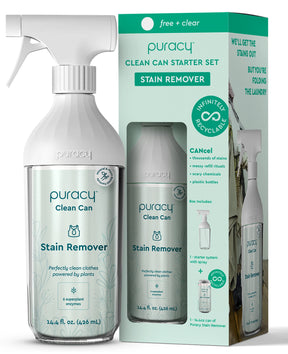 Puracys Laundry Stain Remover bottle features a green and white design and is hypoallergenic.