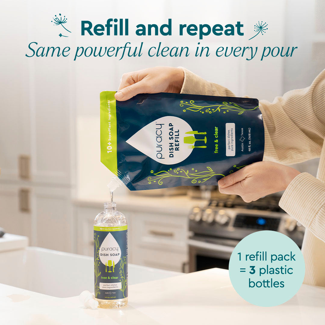 Person refilling a clear bottle with Puracy Dish Soap on a kitchen counter. #common #scent_unscented