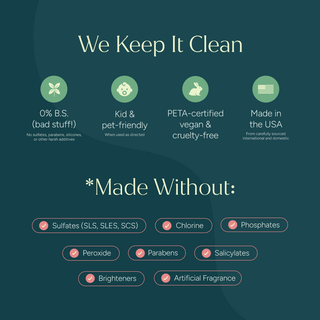 Infographic lists clean, vegan, streak-free claims & avoided ingredients for Screen Cleaner (New Arrival).