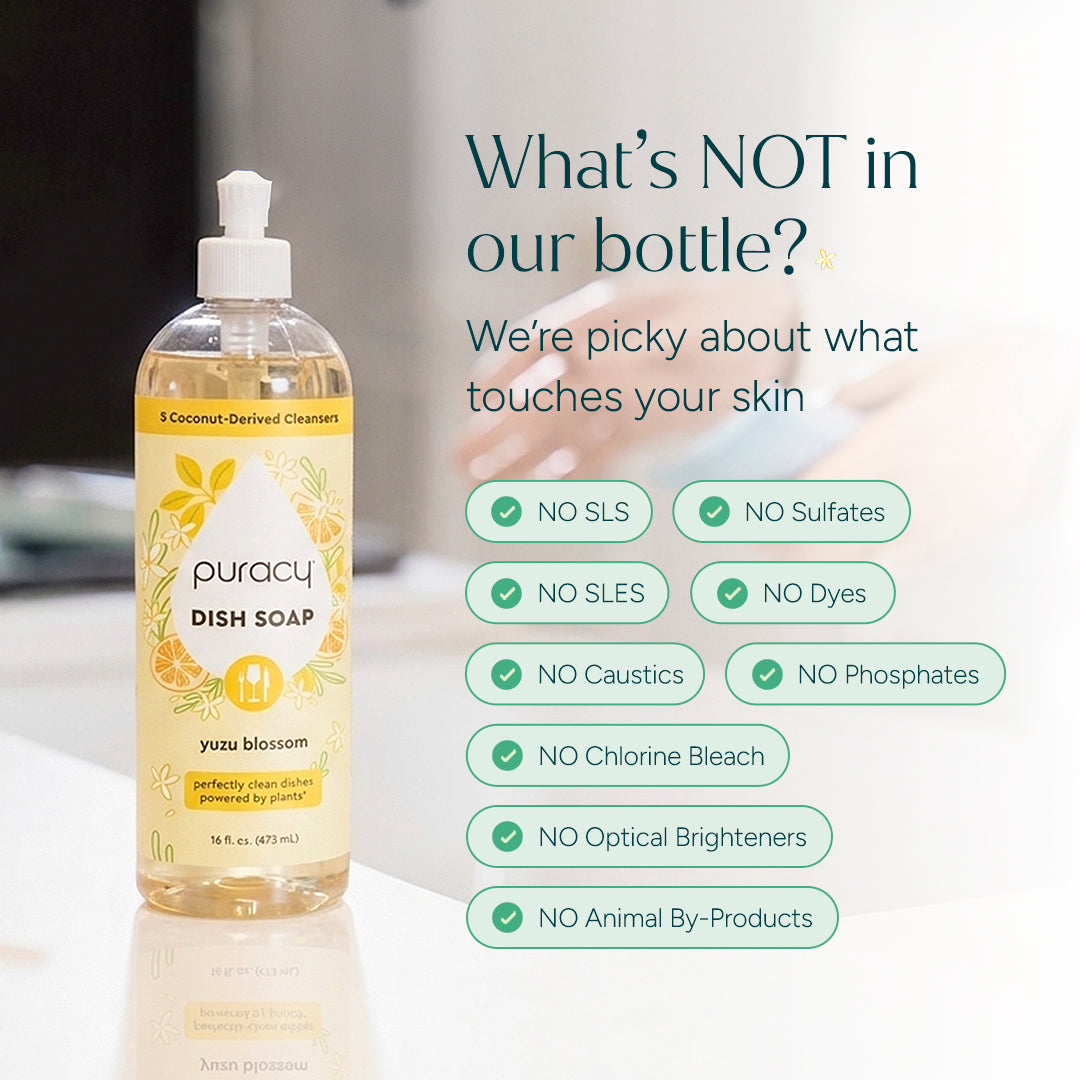 Dish Soap bottle lists what's not included: no SLS, dyes, sulfates, or other harsh ingredients.  #common #scent_yuzu-blossom standard-pack-of-3_#size
