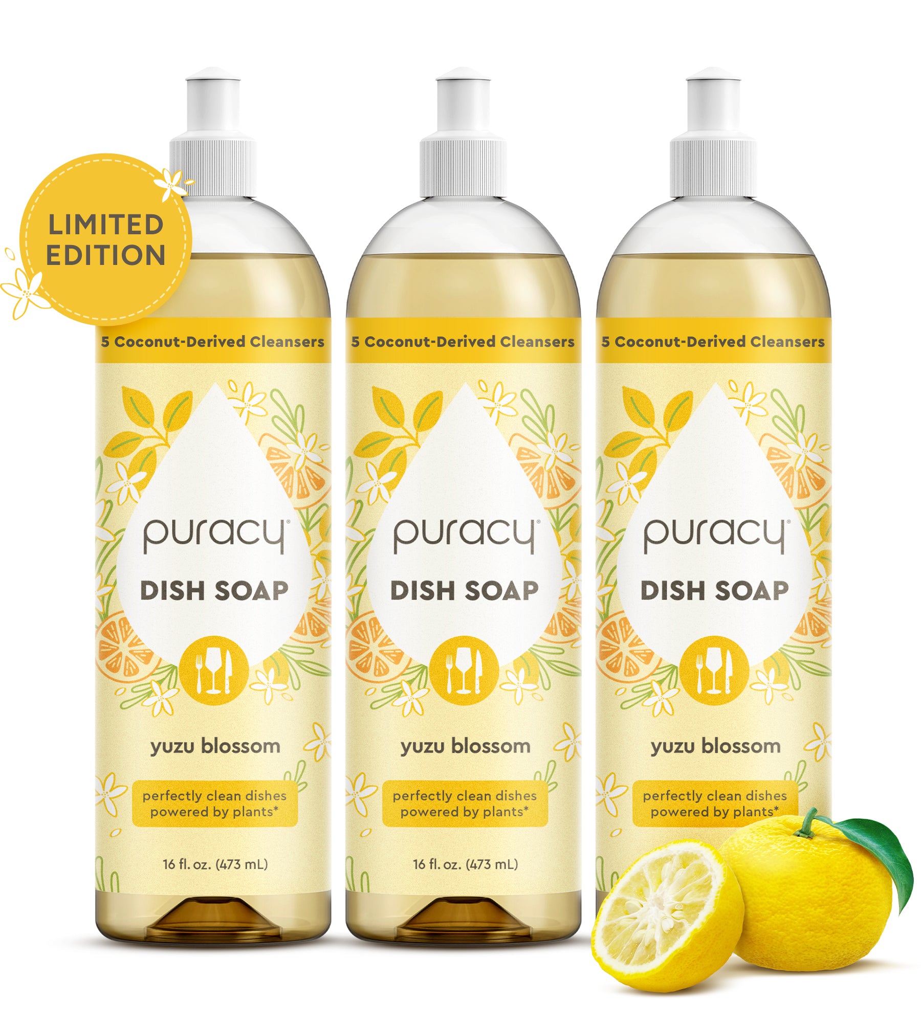 Three bottles of Puracy Dish Soap with lemon and yuzu are displayed in front.