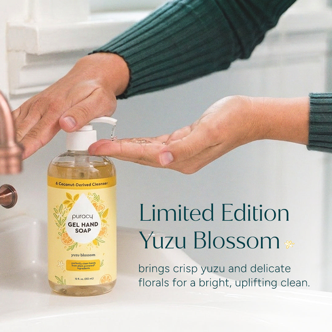 A person pumps moisturizing Gel Hand Soap at a bathroom sink with a copper faucet. #common #scent_yuzu-blossom