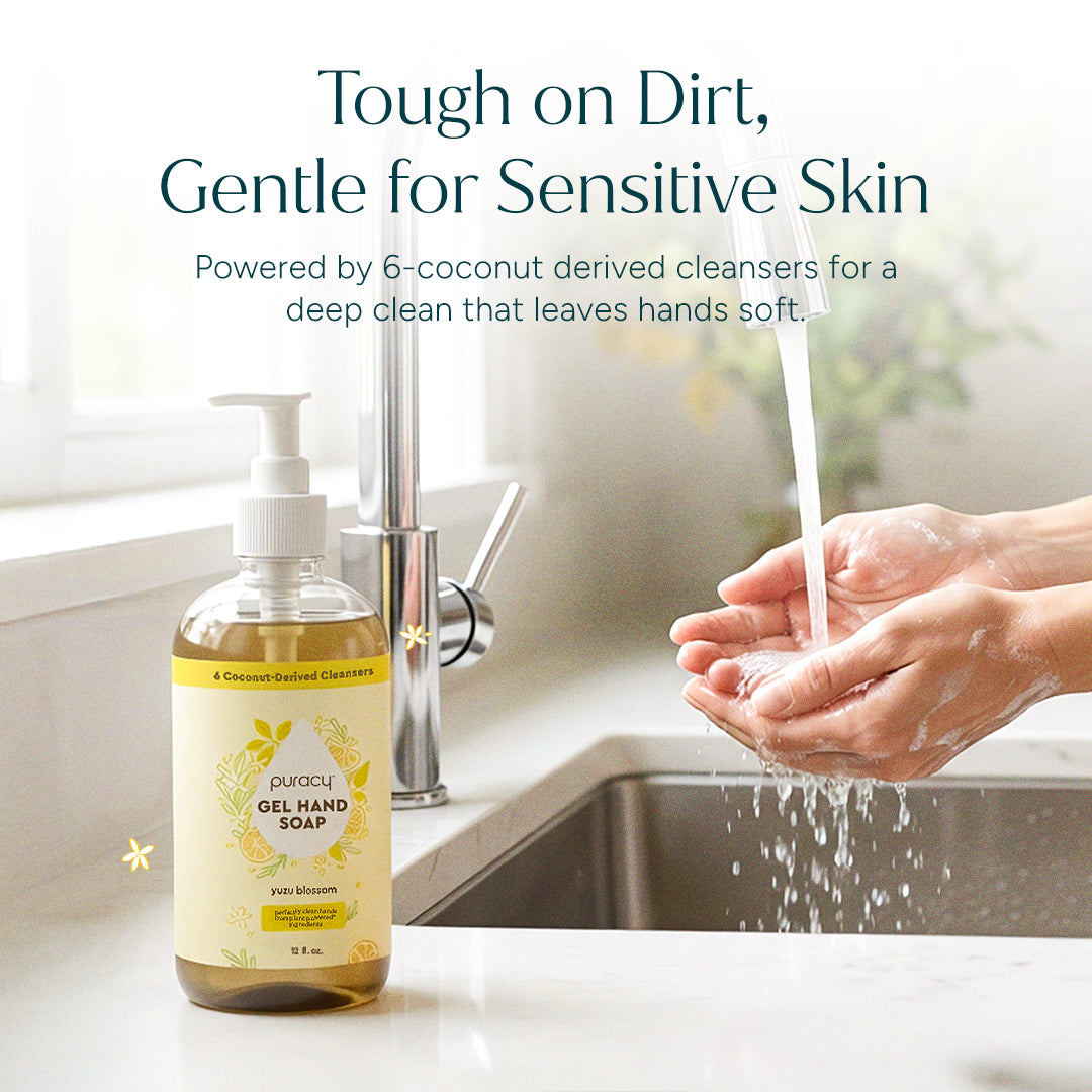 Person washing hands at a sink with Gel Hand Soap, text highlights its gentle cleansing formula. #common #scent_yuzu-blossom