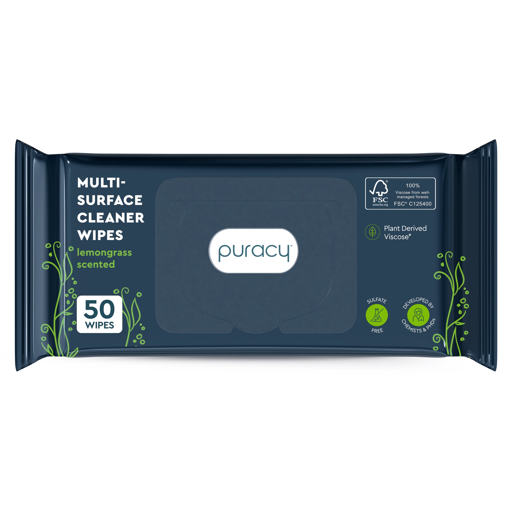 A pack of Multi-Surface Cleaner Wipes, lemongrass scent, has 50 plant-based all-purpose wipes.