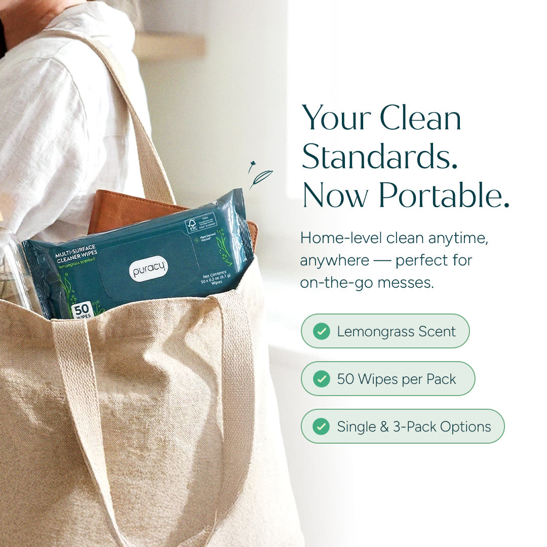 A person packs Multi-Surface Cleaner Wipes into a beige tote; text lists product features. #common