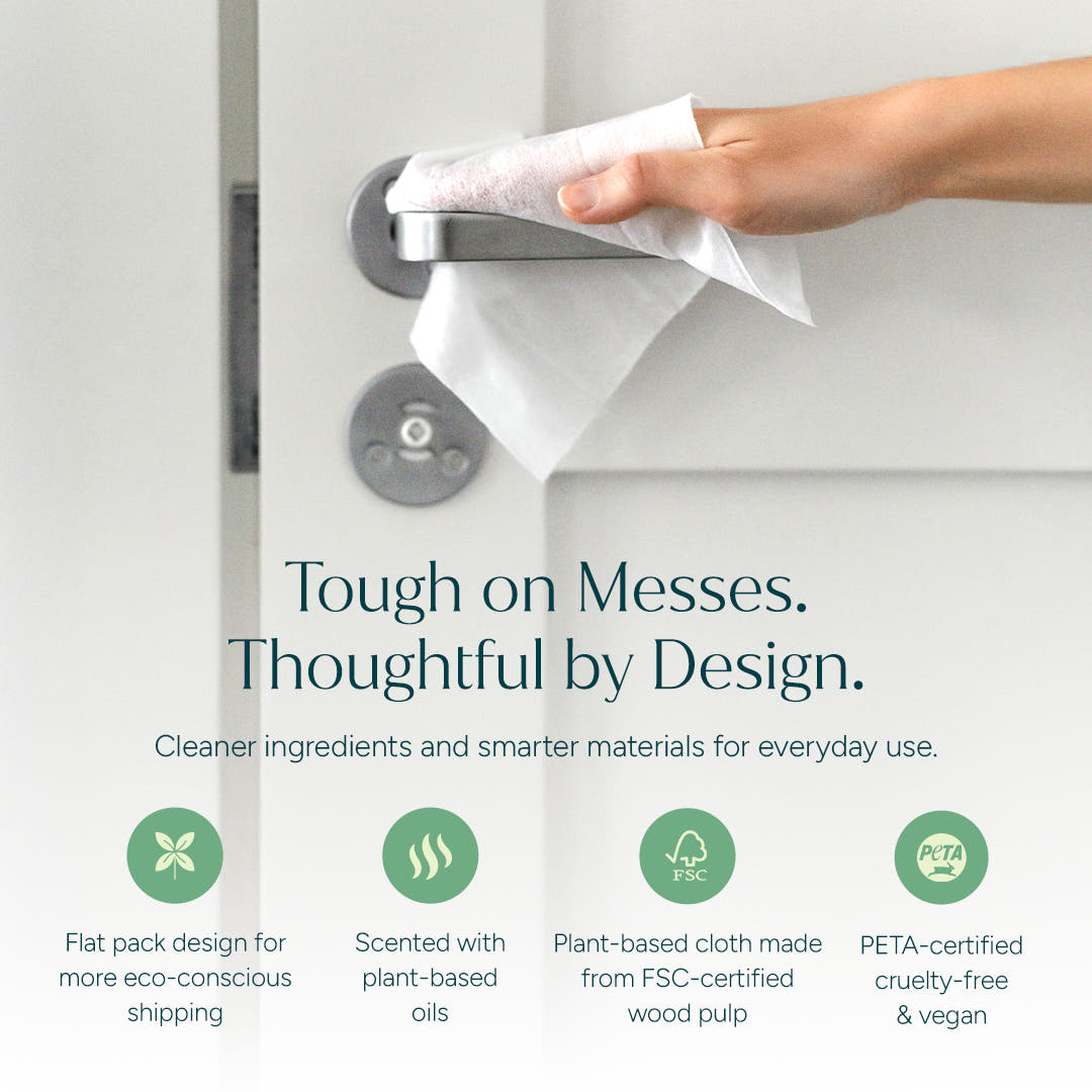 A hand wipes a door handle with Multi-Surface Cleaner Wipes; eco-friendly icons shown below. #common
